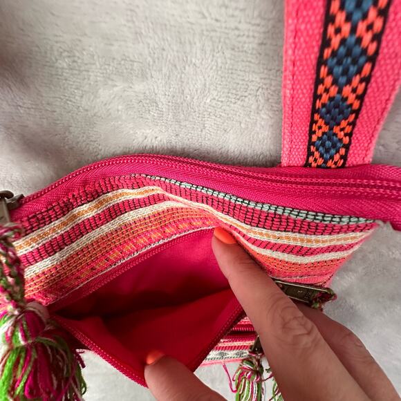 America And Beyond Crossbody Purse Pink Striped Embroidered Tassel Boho Festival - Picture 7 of 12